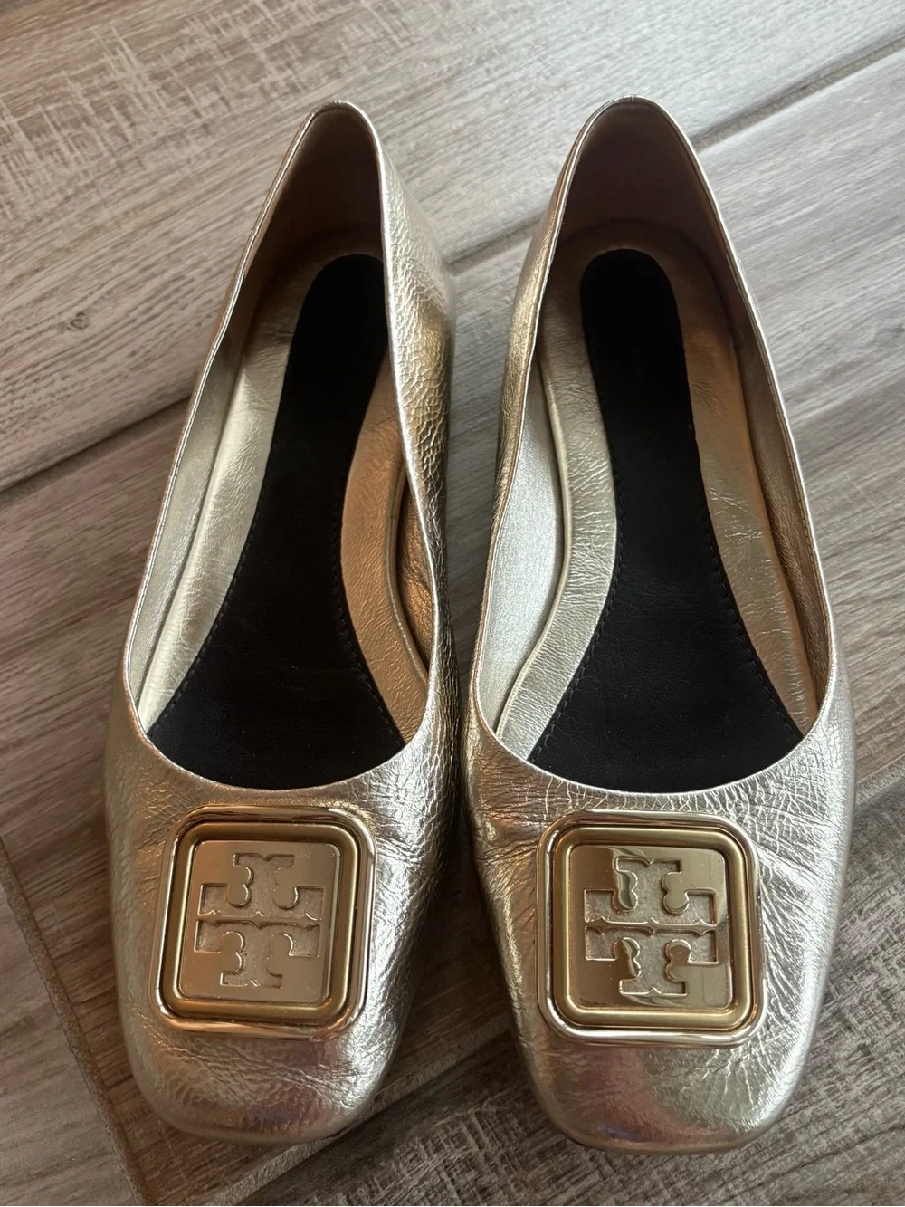 Tory Burch Georgia Metallic Gold Square-Toe Logo Ballet Flats size 8